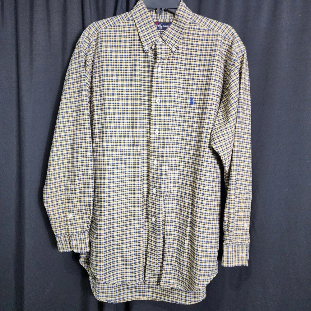 Polo Ralph Lauren Blake Mens‎ Medium Plaid Button Down Shirt Yellow Blue Cotton
